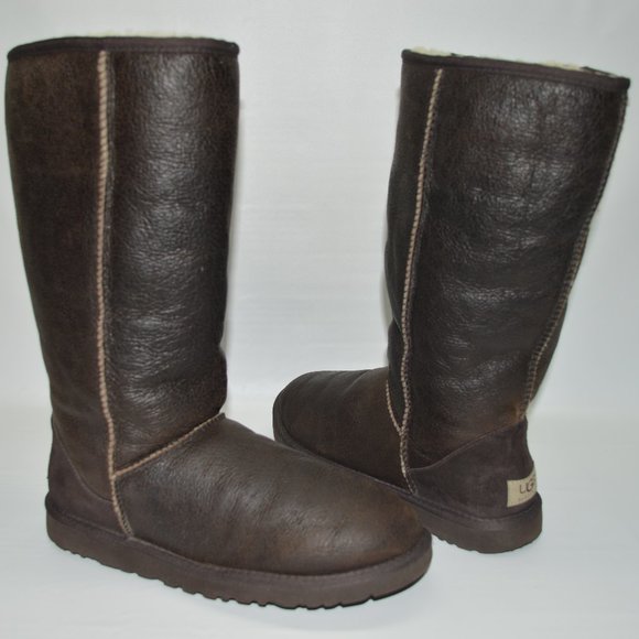 UGG Classic Tall Bomber Brown Leather Fur Lined - Picture 5 of 13